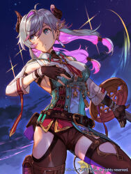 Rule 34 | 1girl, atelier (series), atelier resleriana, belt, breasts, broken horn, colored inner hair, demon horns, gloves, guest art, highres, horns, hungry clicker, looking to the side, low twintails, medium breasts, multicolored hair, official art, partially fingerless gloves, pink hair, sideboob, sky, solo, star (sky), starry sky, thighs, twintails, two-tone hair, valeria (atelier)