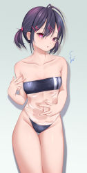 Rule 34 | 1girl, antenna hair, bikini, black bikini, black hair, black one-piece swimsuit, breasts, cowboy shot, gradient background, grey background, gris swimsuit, hair ornament, highres, legs together, looking at viewer, low twintails, meme attire, navel, one-piece swimsuit, original, parted bangs, rabbit hair ornament, red eyes, rryiup, see-through, see-through one-piece swimsuit, short hair, simple background, small breasts, solo, standing, strapless, strapless bikini, strapless one-piece swimsuit, swimsuit, thighs, twintails, white background