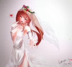 Rule 34 | 1girl, amai mami, armpits, artist name, bare shoulders, blurry, blush, breasts, bridal veil, brown hair, character name, cleavage, collarbone, cowboy shot, dated, depth of field, detached sleeves, dress, dress slip, flower, flower wreath, from side, girls&#039; frontline, gradient background, hair ornament, hairclip, head tilt, head wreath, heart, highres, jewelry, long hair, looking at viewer, married, medium breasts, open clothes, open dress, open mouth, outstretched arm, red eyes, ring, rose, sideboob, sidelocks, signature, simple background, smile, solo, twintails, ump9 (girls&#039; frontline), veil, wedding, wedding band, wedding dress, wreath