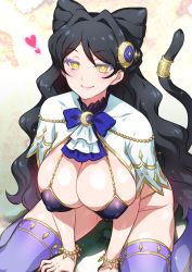 Rule 34 | 1girl, black hair, breasts, cat tail, cleavage, collarbone, commentary request, hair intakes, highres, joy ride, kiratto pri chan, large breasts, lips, long hair, luluna (pri chan), pretty series, purple legwear, raised eyebrows, signature, smile, solo, tail, thighs, yellow eyes