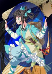 Rule 34 | 1boy, 1girl, absurdres, aqua bow, aqua eyes, black hair, bow, dress, foot out of frame, frilled dress, frills, green footwear, hair bow, highres, kisumi rei, lanxi zhen, layered sleeves, leg up, li qingning (the legend of luoxiaohei), long hair, long sleeves, luo xiaohei zhanji, naga (the legend of luoxiaohei), profile, shadow, shoes, short over long sleeves, short sleeves, signature