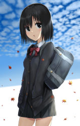 Rule 34 | 1girl, :o, bag, black cardigan, black eyes, black hair, black skirt, blue background, blue bag, bob cut, bow, bowtie, breasts, buttons, cardigan, cloud, cloudy sky, commentary, cowboy shot, dress shirt, falling leaves, hair between eyes, hands in pockets, highres, kuchinawa (skyks), leaf, light blush, looking back, maple leaf, open mouth, original, pleated skirt, red bow, red bowtie, red ribbon, ribbon, school bag, school uniform, shirt, short hair, shoulder bag, skirt, sky, small breasts, solo, standing, two-tone background, white background, white shirt, wind
