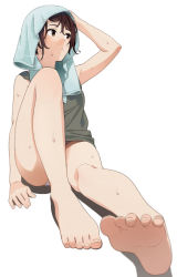 Rule 34 | 1girl, arm up, bare arms, bare legs, bare shoulders, barefoot, black tank top, brown eyes, brown hair, full body, knee up, looking away, mattaku mousuke, original, parted lips, shadow, sitting, soles, solo, tank top, toes, towel, towel on head, wet, white background