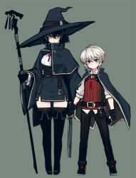 Rule 34 | 1boy, 1girl, belt, black footwear, black gloves, black hair, black thighhighs, blonde hair, boots, breasts, brown eyes, cape, dress, full body, gloves, green eyes, hat, holding, holding sword, holding weapon, katana, large breasts, null (nyanpyoun), original, short hair, staff, standing, sword, thigh boots, thighhighs, weapon, witch hat, zettai ryouiki
