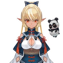 Rule 34 | 1girl, absurdres, blonde hair, blue bow, bow, breasts, cleavage, cleavage cutout, closed mouth, clothing cutout, dark-skinned female, dark skin, hair bow, hair intakes, highres, hololive, kintsuba (shiranui flare), lack, long hair, long sleeves, looking at viewer, medium breasts, multicolored hair, pointy ears, ponytail, red eyes, second-party source, shiranui flare, shiranui flare (old design), shoulder cutout, smile, solo, straight-on, streaked hair, tassel, transparent background, upper body, virtual youtuber, white background