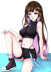 Rule 34 | 1girl, absurdres, bare shoulders, black hair, breasts, flower hair ornament, gradient hair, hair ornament, hairclip, yomeguri hana, highres, hime cut, indie virtual youtuber, long hair, looking at viewer, midriff, multicolored hair, navel, open mouth, orange eyes, shoes, shorts, sleeveless, sneakers, solo, virtual youtuber, yomeguri hana