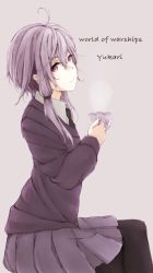Rule 34 | 1girl, ahoge, black necktie, character name, commentary request, cup, from side, hair between eyes, highres, holding, holding cup, itituki, looking at viewer, necktie, pantyhose, pleated skirt, purple eyes, purple hair, shirt, short hair with long locks, sidelocks, sitting, skirt, solo, steam, sweater, teacup, vocaloid, voiceroid, yuzuki yukari