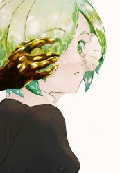 Rule 34 | 1other, androgynous, covering another&#039;s eye, crystal hair, from behind, gem uniform (houseki no kuni), golden arms, green eyes, green hair, hair over one eye, hand on another&#039;s face, highres, houseki no kuni, looking at viewer, looking back, mt5 014, multiple persona, other focus, out of frame, phosphophyllite, phosphophyllite (10000), phosphophyllite (ll), puffy sleeves, short hair, simple background, solo focus, spoilers, translucent hair, white background