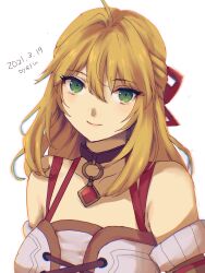 Rule 34 | 1girl, blonde hair, choker, closed mouth, collarbone, dated, fiora (xenoblade), green eyes, hair ribbon, highres, long hair, looking at viewer, navel, ribbon, simple background, smile, solo, white background, xenoblade chronicles (series), xenoblade chronicles 1, yamamori kinako