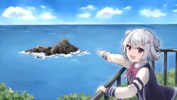 Rule 34 | 1girl, binchou maguro, blazer, blue jacket, blue sky, bow, bowtie, cevio, cloud, commentary request, day, double bun, flipped hair, from side, grey hair, grey sweater, hair bun, hair ornament, hairclip, hand on railing, horizon, island, jacket, koharu rikka, light blush, long sleeves, looking at viewer, looking to the side, multicolored clothes, multicolored jacket, ocean, open clothes, open jacket, open mouth, otaru (hokkaido), outdoors, pink bow, pink bowtie, pointing, purple eyes, purple hair, real world location, short hair, sky, smile, solo, sweater, synthesizer v, two-tone jacket, upper body, white sleeves