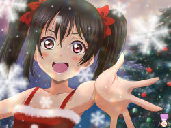 Rule 34 | 1girl, absurdres, artist logo, black hair, christmas, highres, looking at viewer, love live!, love live! school idol project, outdoors, pink eyes, santa costume, short twintails, smile, solo, twintails, user sjah7745, yazawa nico