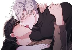Rule 34 | 2boys, blush, brown hair, closed eyes, drooling, french kiss, highres, hug, ilay riegrow, jeong taeui, kiss, long sleeves, male focus, multiple boys, o ssion, passion (manhwa), saliva, sweatdrop, white background, white hair, yaoi