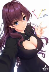 Rule 34 | 1girl, ahoge, artist logo, black dress, blue eyes, blush, breasts, brown hair, cleavage, cleavage cutout, closed mouth, clothing cutout, dress, hair between eyes, hand gesture, heart cutout, highres, ichinose shiki, idolmaster, idolmaster cinderella girls, infinote, large breasts, long hair, long sleeves, looking at viewer, outstretched arm, reaching, reaching towards viewer, selfie, simple background, smile, solo, w, wavy hair, white background