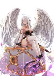 Rule 34 | 1girl, angel, angel wings, bare shoulders, black bow, black dress, black ribbon, blue eyes, bow, breasts, brown footwear, chain, cleavage, colored eyelashes, commentary request, crossed legs, crystal, detached sleeves, dress, feathered wings, grey wings, hair between eyes, hakuya (white night), halo, head tilt, highres, keyhole, large breasts, large wings, long hair, long sleeves, looking away, looking to the side, original, parted lips, ribbon, sheath, shoes, simple background, sitting, solo, strapless, strapless dress, thighhighs, very long hair, white background, white thighhighs, wings