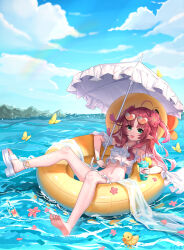 Rule 34 | 1girl, :d, absurdres, ahoge, animal, arknights, barefoot, bikini, blue sky, bottle, brown-tinted eyewear, brown hair, bug, butterfly, cloud, commentary request, cup, day, disposable cup, drinking straw, eyewear on head, flower, frilled umbrella, frills, green eyes, hair flower, hair ornament, heart, heart-shaped eyewear, highres, holding, holding cup, holding umbrella, innertube, insect, looking at viewer, myrtle (arknights), myrtle (summer flowers) (arknights), open mouth, orangeizumi, outdoors, pink flower, red flower, rubber duck, sandals, sky, smile, soles, solo, swim ring, swimsuit, tinted eyewear, two side up, umbrella, water, white bikini, white footwear, white umbrella