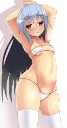 Rule 34 | 1girl, armpits, arms up, bikini, blush, breasts, cowboy shot, eyepatch bikini, gradient background, grey hair, highres, long hair, looking at viewer, micro bikini, navel, open mouth, original, red eyes, shadow, skindentation, small breasts, smile, solo, souma (ordures), swimsuit, thighhighs, underboob, very long hair, white bikini, white thighhighs