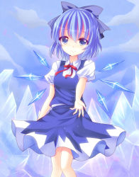 Rule 34 | 1girl, bad id, bad pixiv id, blue eyes, blue hair, bow, cirno, female focus, gradient background, hair bow, highres, ice, ikeda hazuki, matching hair/eyes, outdoors, short hair, sky, solo, touhou, wings