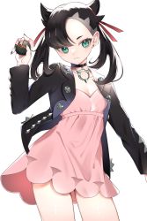 Rule 34 | 1girl, asymmetrical bangs, azuki anko, black choker, black hair, black jacket, black nails, breasts, choker, cleavage, closed mouth, collarbone, commentary request, creatures (company), dress, dusk ball, earrings, game freak, green eyes, hair ribbon, hand up, highres, holding, holding poke ball, jacket, jewelry, long sleeves, looking at viewer, marnie (pokemon), nail polish, nintendo, open clothes, open jacket, pink dress, poke ball, pokemon, pokemon swsh, red ribbon, ribbon, solo, twintails