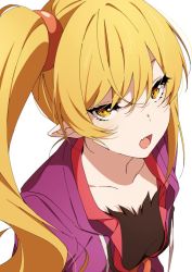 Rule 34 | 1girl, bad id, bad twitter id, black undershirt, blonde hair, collarbone, commentary request, fang, from above, hair between eyes, long hair, looking at viewer, monogatari (series), ntend, open clothes, open mouth, open shirt, oshino shinobu, pointy ears, purple shirt, shirt, side ponytail, yellow eyes