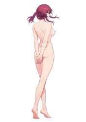 Rule 34 | 1girl, arms behind back, ass, barefoot, breasts, closed mouth, completely nude, earrings, feet, from behind, full body, highres, honkai: star rail, honkai (series), jewelry, kafka (honkai: star rail), large breasts, looking at viewer, looking back, nipples, nude, purple eyes, purple hair, shoulder blades, simple background, smile, solo, standing, tiptoes, white background, yunkaiming
