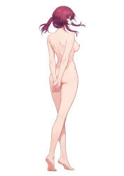 1girl arms_behind_back ass barefoot breasts closed_mouth completely_nude earrings feet from_behind full_body highres honkai:_star_rail honkai_(series) jewelry kafka_(honkai:_star_rail) large_breasts looking_at_viewer looking_back nipples nude purple_eyes purple_hair shoulder_blades simple_background smile solo standing tiptoes white_background yunkaiming