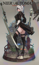 Rule 34 | 1girl, artist name, black dress, black footwear, black gloves, black thighhighs, blindfold, boots, breasts, building, character name, closed mouth, commentary, copyright name, dress, floating, floating object, floating sword, floating weapon, from side, full body, gloves, hairband, high heel boots, high heels, highres, kim han seul, lens flare, medium breasts, nier (series), nier:automata, outline, plant, pod (nier:automata), rebar, ruins, self-upload, short hair, silver hair, standing, sword, thigh boots, thighhighs, weapon, 2b (nier:automata)