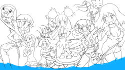 00s bikini creatures_(company) dawn_(pokemon) game_freak iris_(pokemon) kris_(pokemon) lineart lyra_(pokemon) may_(pokemon) nintendo pokemoa pokemon pokemon_hgss solana_(pokemon) swimsuit