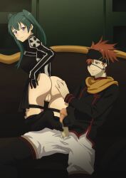 Rule 34 | 1boy, 1girl, absurdres, ass, censored, d.gray-man, eyepatch, footjob, green eyes, green hair, highres, keihh, lavi, lenalee lee, penis, purple eyes, pussy, red hair, smile, twintails