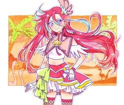 Rule 34 | 1girl, commentary request, cure flamingo, earrings, feather earrings, feathers, fingerless gloves, fishnet thighhighs, fishnets, gloves, hair ornament, hoppetoonaka3, jewelry, layered skirt, long hair, looking at viewer, magical girl, midriff, multicolored hair, precure, purple eyes, red hair, shell brooch, skirt, smile, takizawa asuka, thick eyelashes, thighhighs, tropical-rouge! precure, white gloves