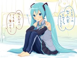 Rule 34 | 1girl, aqua eyes, aqua hair, aqua necktie, bare shoulders, barefoot, bed, bedroom, black skirt, black sleeves, blush, blush stickers, character doll, crossed arms, detached sleeves, grey shirt, hair ornament, hatsune miku, knees up, long hair, looking at viewer, necktie, nokuhashi, pants, parted lips, shirt, shoulder tattoo, sitting, skirt, sleeveless, sleeveless shirt, speech bubble, stuffed toy, tattoo, track pants, translated, twintails, very long hair, vocaloid