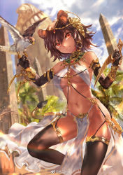 Rule 34 | 1girl, absurdres, animal ears, azomo, bird, black gloves, black thighhighs, blue sky, blurry, bracelet, breasts, brown hair, criss-cross halter, dark-skinned female, dark skin, day, depth of field, earrings, egyptian clothes, elbow gloves, glint, gloves, hair ornament, hair ribbon, halterneck, head tilt, highres, jewelry, knife, leg up, light particles, light smile, looking at viewer, medium breasts, navel, no panties, orange eyes, original, outdoors, parted lips, pelvic curtain, revealing clothes, ribbon, short hair, sky, solo, thighhighs, tress ribbon, watermark, weibo watermark