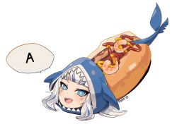 Rule 34 | 1girl, a (phrase), animal hood, artist name, blue eyes, blue hair, commentary, english commentary, english text, female focus, fins, fish tail, foodification, gawr gura, hololive, hololive english, hood, hot dog, hot dog bun, ketchup, long hair, looking at viewer, mustard, pikat, shark, shark hood, shark tail, sharp teeth, shrimp, simple background, solo, speech bubble, tagme, tail, teeth, tongue, virtual youtuber, white background, white hair