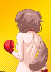 Rule 34 | 1girl, absurdres, animal ears, boxing gloves, braid, brown hair, brown tail, choker, dog ears, dog girl, dog tail, eduson02, from behind, highres, hololive, inugami korone, low twin braids, nude, screentones, tail, twin braids, virtual youtuber