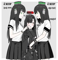 Rule 34 | 3girls, bad id, bad pixiv id, black dress, black hair, black skirt, breasts, brown eyes, closed mouth, collared shirt, cowboy shot, dress, girl sandwich, girls&#039; frontline, green eyes, grey background, hair ornament, hairband, headgear, highres, huqu, long hair, long sleeves, multiple girls, nyto (girls&#039; frontline), mercurows (girls&#039; frontline), open mouth, paradeus, pleated skirt, sandwiched, shirt, short sleeves, simple background, skirt, sleeves past fingers, sleeves past wrists, smile, standing, translation request, white shirt