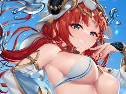 Rule 34 | 1girl, aqua eyes, areola slip, bare shoulders, blue sky, breasts, circlet, detached sleeves, floating hair, genshin impact, grin, hand up, highres, horns, izulizuru, large breasts, long hair, looking at viewer, nilou (genshin impact), red hair, revealing clothes, sky, smile, solo, twintails, upper body, veil, water, water drop, white headwear