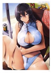Rule 34 | 1girl, absurdres, ahoge, bare arms, bare legs, bare shoulders, barefoot, beach, beach towel, beach umbrella, bikini, black hair, blue bikini, blush, breasts, can, chair, cleavage, cleavage cutout, closed mouth, clothing cutout, day, drink can, fingernails, groin, hair between eyes, hand on own stomach, highres, huge breasts, knee up, kotora (toranoana), long hair, looking at viewer, lounge chair, navel, non-web source, nose blush, orico, outdoors, polka dot, polka dot towel, purple eyes, scan, sitting, soda can, solo, swimsuit, table, toranoana, towel, umbrella, water, wet, wet hair, zipper