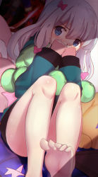 Rule 34 | 10s, 1girl, barefoot, blue eyes, blush, bow, covering own mouth, eromanga sensei, feet, hair bow, highres, izumi sagiri, legs, light purple hair, long hair, looking at viewer, paperfinger, pink bow, soles, solo, stuffed animal, stuffed toy, toes