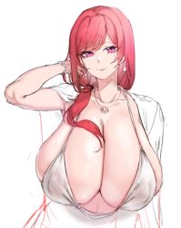 Rule 34 | 1girl, armpits, breasts, cleavage, commentary, covered erect nipples, dress, tucking hair, halterneck, hongryeon (last origin), huge breasts, jewelry, last origin, looking at viewer, low neckline, midriff, mole, mole under eye, necklace, pink eyes, plunging neckline, red hair, side ponytail, sideboob, simple background, sketch, sleeveless, sleeveless dress, smile, solo, spot color, symbol-only commentary, upper body, white background, white dress, xiangzi box