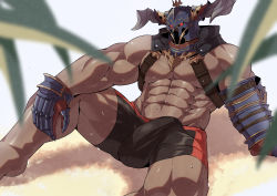 Rule 34 | 1boy, abs, absurdres, bara, bare shoulders, black male swimwear, bulge, chest harness, dark-skinned male, dark skin, draph, erection, erection under clothes, fake horns, feet out of frame, gauntlets, glowing, glowing eyes, granblue fantasy, harness, helmet, highres, horned helmet, horns, huge filesize, large pectorals, looking at viewer, lvluri (murimurri670), male focus, male swimwear, muscular, muscular male, navel, pectoral cleavage, pectorals, presenting, red eyes, red male swimwear, sidepec, solo, spread legs, stomach, sweat, swim briefs, thick thighs, thighs, vaseraga