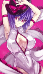 Rule 34 | 1girl, alternate costume, armpits, arms up, blush, breasts, cleavage, cleavage cutout, clothing cutout, covered erect nipples, female focus, front zipper swimsuit, hat, large breasts, looking at viewer, meme attire, nagae iku, one-piece swimsuit, purple hair, red eyes, revision, shawl, short hair, simple background, smile, solo, swimsuit, touhou, touya (the-moon), unzipped, wet, zipper