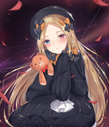 Rule 34 | 1girl, abigail williams (fate), black dress, blonde hair, bow, dress, fate/grand order, fate (series), hair bow, hands in opposite sleeves, hat, heterochromia, highres, konata (knt banri), long sleeves, looking at viewer, orange bow, red eyes, slit pupils, solo, stuffed animal, stuffed toy, teddy bear