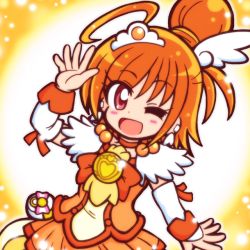 Rule 34 | 10s, 1girl, ;d, ahoge, arm warmers, bow, bowtie, brooch, choker, cure sunny, earrings, guardias, hair bun, hair ornament, hairpin, hino akane (smile precure!), jewelry, magical girl, one eye closed, open mouth, orange bow, orange bowtie, orange hair, orange skirt, orange theme, precure, red eyes, short hair, single hair bun, skirt, smile, smile precure!, solo