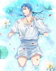 Rule 34 | 1boy, ancient greek clothes, bad id, bad pixiv id, blue hair, chiton, cu chulainn (fate), cu chulainn (fate/stay night), earrings, fate/stay night, fate (series), jewelry, lily pad, long hair, male focus, mitsuki mitsuno, partially submerged, petals, ponytail, red eyes, solo, tunic