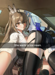Rule 34 | 2girls, ass, belt, black hair, black thighhighs, blue hair, blush, brown eyes, brown hair, car interior, closed mouth, english text, engrish text, feather hair ornament, feathers, ghdwid, hair ornament, he wants to order (meme), highres, hololive, hololive english, meme, multicolored hair, multiple girls, nanashi mumei, ouro kronii, pouch, ranguage, rear-view mirror, snapchat, steering wheel, thighhighs, virtual youtuber, white hair