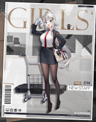 Rule 34 | 1girl, aqua eyes, bag, barcode, black footwear, black jacket, black pantyhose, black skirt, c14 (girls&#039; frontline), c14 (new staff) (girls&#039; frontline), character name, collared shirt, copyright name, cup, disposable cup, formal, full body, girls&#039; frontline, high heels, high ponytail, highres, jacket, long hair, long sleeves, necktie, office lady, official alternate costume, official art, open clothes, open jacket, open mouth, pantyhose, pencil skirt, pre (preecho), promotional art, red necktie, shirt, shoulder bag, silver hair, skirt, skirt suit, smile, solo, standing, suit, white shirt