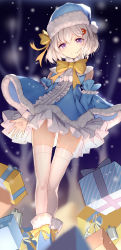 Rule 34 | 1girl, bare shoulders, bison cangshu, blue dress, blue footwear, blue hat, blurry, boots, bow, bowtie, box, braid, breasts, closed mouth, depth of field, detached sleeves, dress, gift, gift box, hair ornament, hat, hat ribbon, head tilt, highres, long sleeves, looking at viewer, miniskirt, purple eyes, ribbon, santa hat, short hair, silver hair, skirt, small breasts, smile, snowing, solo, sovetsky soyuz (warship girls r), thighhighs, warship girls r, white skirt, white thighhighs, yellow bow, yellow bowtie, yellow ribbon, zettai ryouiki