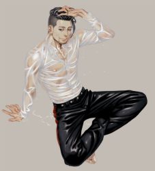 Rule 34 | 1boy, barefoot, black eyes, black hair, black pants, covered erect nipples, facial hair, facial scar, golden kamuy, hair slicked back, hair strand, hand in own hair, leather, leather pants, crossed legs, looking at viewer, male focus, ogata hyakunosuke, pants, partially unbuttoned, pectoral cleavage, pectorals, scar, scar on cheek, scar on face, see-through, shirt, short hair, simple background, smile, solo, stubble, toes, undercut, w55674570w, wet, wet clothes, wet shirt, white shirt