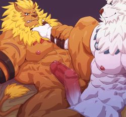 Rule 34 | 2boys, abs, animal ears, armpits, asphyxiation, bad id, bad pixiv id, bara, blonde hair, blue eyes, brown fur, completely nude, contrast, digimon, digimon (creature), earrings, erection, evil smile, eye contact, feet out of frame, furry, furry male, furry with furry, highres, imminent anal, imminent penetration, istani, jewelry, large pectorals, leomon, lion boy, lion ears, lion hair, lion tail, looking at another, male focus, medium hair, multiple boys, muscular, nipples, nude, one eye closed, original, paid reward available, pectorals, penis, smile, spread legs, strangling, tail, thick thighs, thighs, uncensored, white fur, yaoi