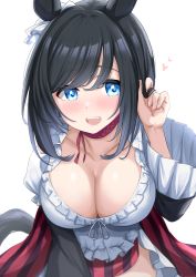 Rule 34 | 1girl, animal ears, black hair, blue eyes, blush, bow, breasts, choker, collarbone, ear ribbon, eishin flash (umamusume), fingernails, hand up, highres, horse ears, horse girl, kibihimi, large breasts, long sleeves, looking to the side, open mouth, parted bangs, red choker, ribbon, simple background, smile, solo, teeth, umamusume, upper teeth only, white background, white ribbon
