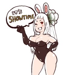 Rule 34 | 1girl, animal ears, bare shoulders, black gloves, blush stickers, bravely default: flying fairy, bravely default (series), bravely second: end layer, breast press, breasts, cleavage, elbow gloves, fake animal ears, gloves, hand on own hip, inkerton-kun, large breasts, leotard, long hair, magnolia arch, one eye closed, playboy bunny, rabbit ears, simple background, smile, solo, thighs, white background, white hair, wink